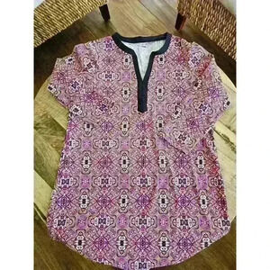 Lands End Dress Womens Small Pink Arabesque Split Neckline Comfortable EUC